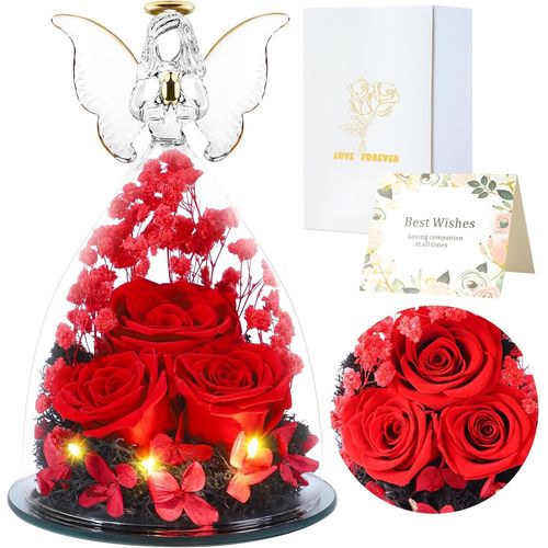 Eternal Roses Gifts For Women,Preserved Roses Gift In Glass Angel Figurines,Flower Angels For Mom Grandma Wife Sister Girlfriend (Red)