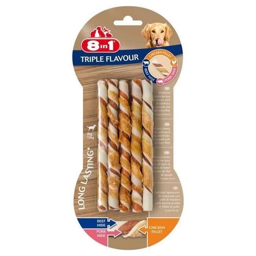 8in1 Triple Flavour Sticks A Macher Premium Aux Boeuf. Porc. Poulet - Pour Chien De Petite Taille - 10 Pieces