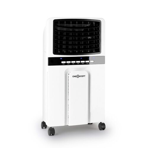 oneConcept Baltic Blue - Rafraichisseur d'air/ventilateur mobile de 65W avec fonction humidificateur/ionisateur (3 niveaux de puissance, mobile, 400m³/heure, roulettes pour déplacement facile) - blanc
