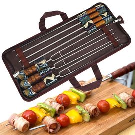 Fourchettes À Rôtir Pour Barbecue En Acier Inoxydable, Avec Sac De Rangement, Ailes De Poulet, Brochette À Viande, Manche En Bois, Outil De Barbecue, 7 Pièces