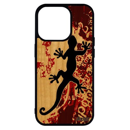 Coque iPhone 14 pro en bois silicone salamandre femme amour etui mobile Rouge street art original cadeau de noel lezard jolie