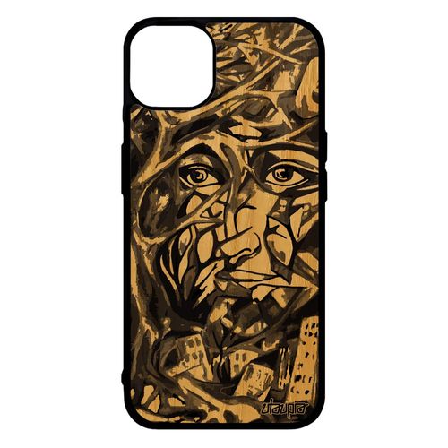 Coque En Bois Iphone 14+ Plus Silicone Portrait Street Art Fait Main Original Fantaisie Etui Homme Immeubles Gris Arbre Visage