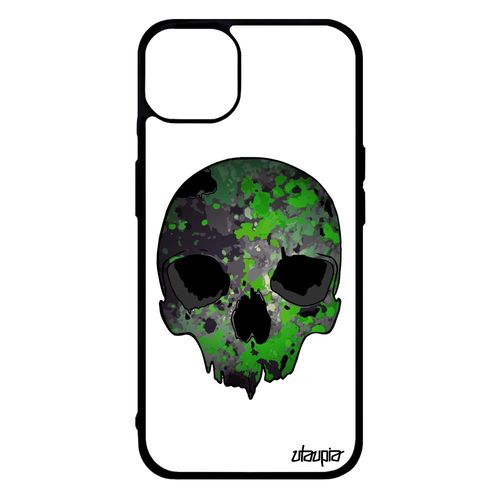 Coque En Silicone Iphone 14+ Plus Tete De Mort Crane Tattoo Biker Os Horreur Housse Original Vert Techno Rigide De Protection