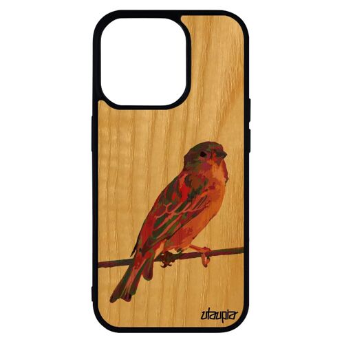 Coque oiseau pour iPhone 14 pro en bois silicone smartphone violet original telephone nature moineau petit solide housse