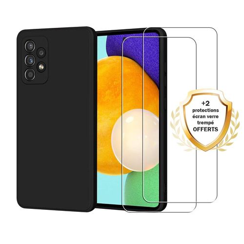 Coque Samsung Galaxy A52 Silicone Liquide Noire + 2 Vitres En Verre Trempé Protection Écran Antichocs Evetane