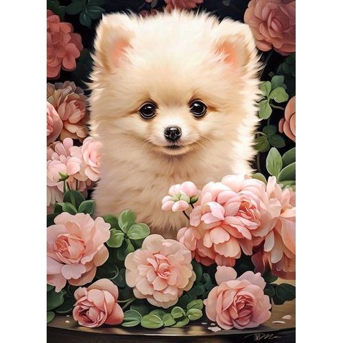 Chiot Spitz Nain Entre Roses - Puzzle 300 Pièces