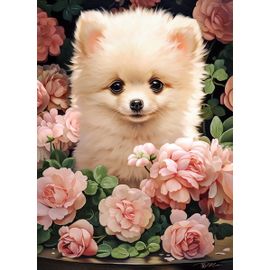 Chiot Spitz Nain Entre Roses - Puzzle 300 Pièces