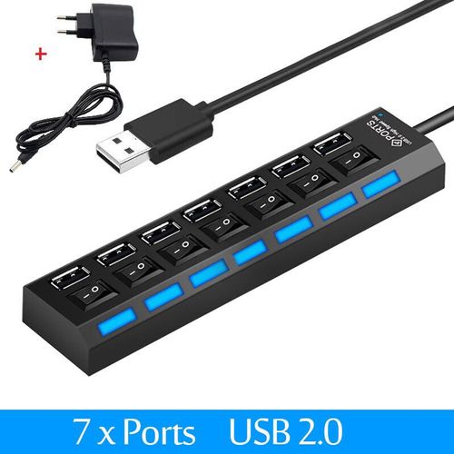 Hub USB 2.0 Hub USB 2.0 Hub répartiteur multi USB utiliser adaptateur secteur 4/7 ports extenseur Multiple Hub USB 3.0 avec interrupteur câble 30CM - Type 7 Port with EU Plug #A