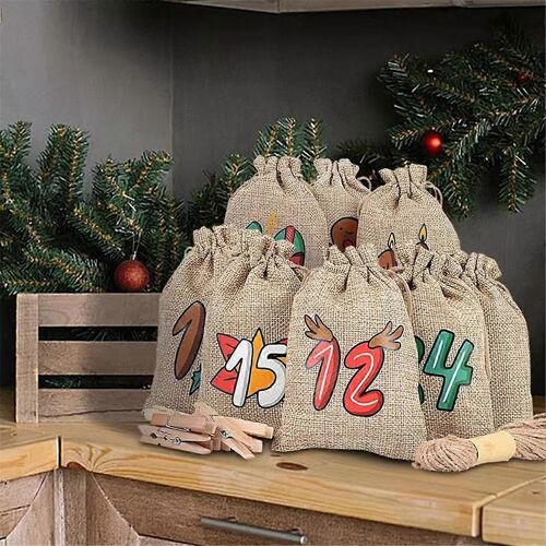 Sacs De L'avent De Noël Mignons Sacs De Bonbons De Noël Partyfavor 24x Réutilisable En Toile De Jute Noël C