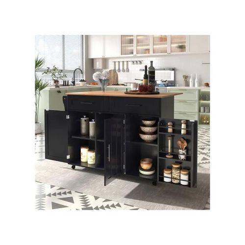 129x46(71)X91.5 Cm Grand Chariot De Salle À Manger Noir, Buffet, Plan De Travail En Bois Massif