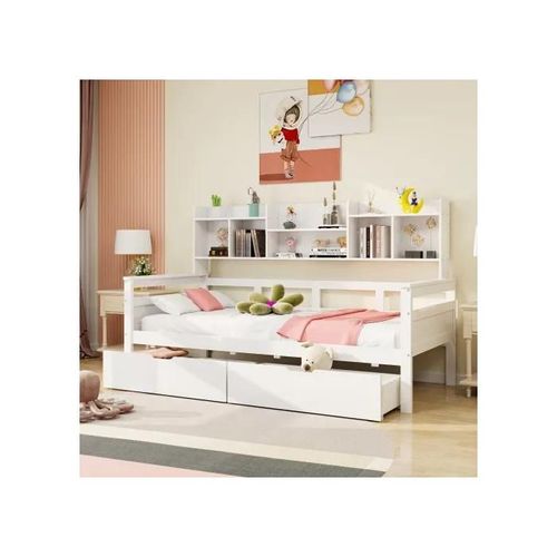 Canapé-Lit 90x200, Tiroirs Et Étagères, Sommier À Lattes, Lit D'enfant, Lit De Jeune, Lit Simple, Lit En Bois Massif, Blanc