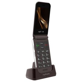 Téléphone Clapet Senior Double écran Autonomie 7 jours Socle de charge Myphone Marron