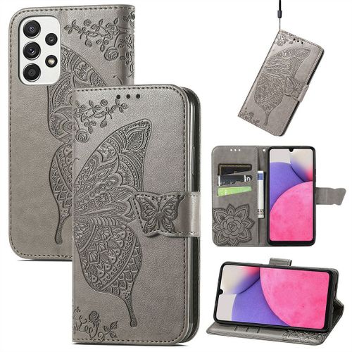 Saturcase Coque Pour Samsung Galaxy A33 5g, Papillon Fleurs Pu Cuir Magnétique Flip Portefeuille Support Porte-Carte Protecteur Housse Étui Avec Dragonne Pour Samsung Galaxy A33 5g (Hf-Gris)