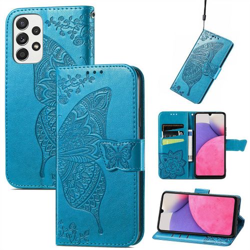 Saturcase Coque Pour Samsung Galaxy A33 5g, Papillon Fleurs Pu Cuir Magnétique Flip Portefeuille Support Porte-Carte Protecteur Housse Étui Avec Dragonne Pour Samsung Galaxy A33 5g (Hf-Bleu)
