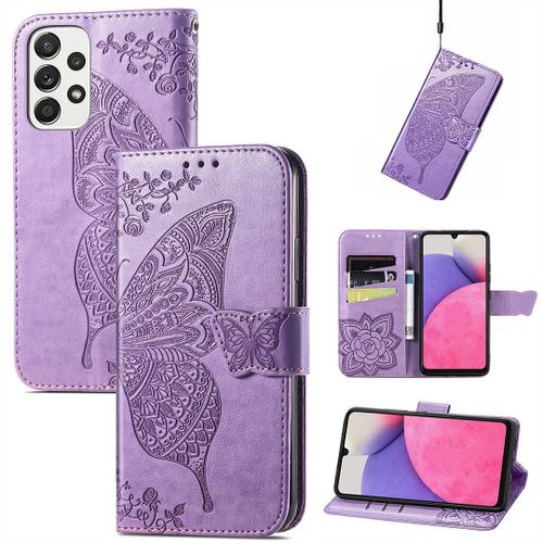 Saturcase Coque Pour Samsung Galaxy A33 5g, Papillon Fleurs Pu Cuir Magnétique Flip Portefeuille Support Porte-Carte Protecteur Housse Étui Avec Dragonne Pour Samsung Galaxy A33 5g (Hf-Lavande)