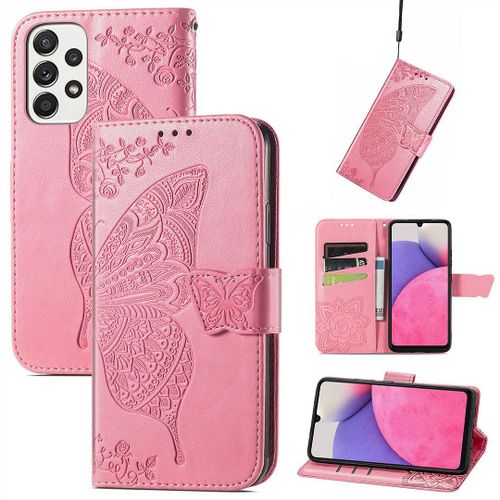 Saturcase Coque Pour Samsung Galaxy A33 5g, Papillon Fleurs Pu Cuir Magnétique Flip Portefeuille Support Porte-Carte Protecteur Housse Étui Avec Dragonne Pour Samsung Galaxy A33 5g (Hf-Pink)