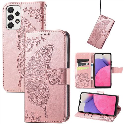 Saturcase Coque Pour Samsung Galaxy A33 5g, Papillon Fleurs Pu Cuir Magnétique Flip Portefeuille Support Porte-Carte Protecteur Housse Étui Avec Dragonne Pour Samsung Galaxy A33 5g (Hf-Or Rose)