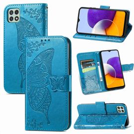 Saturcase Coque Pour Samsung Galaxy A22 5g, Papillon Fleurs Pu Cuir Magnétique Flip Portefeuille Support Porte-Carte Protecteur Housse Étui Avec Dragonne Pour Samsung Galaxy A22 5g (Hf-Bleu)