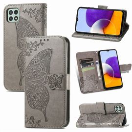 Saturcase Coque Pour Samsung Galaxy A22 5g, Papillon Fleurs Pu Cuir Magnétique Flip Portefeuille Support Porte-Carte Protecteur Housse Étui Avec Dragonne Pour Samsung Galaxy A22 5g (Hf-Gris)