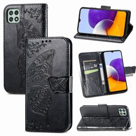 Saturcase Coque Pour Samsung Galaxy A22 5g, Papillon Fleurs Pu Cuir Magnétique Flip Portefeuille Support Porte-Carte Protecteur Housse Étui Avec Dragonne Pour Samsung Galaxy A22 5g (Hf-Noir)