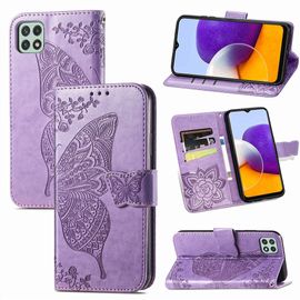Saturcase Coque Pour Samsung Galaxy A22 5g, Papillon Fleurs Pu Cuir Magnétique Flip Portefeuille Support Porte-Carte Protecteur Housse Étui Avec Dragonne Pour Samsung Galaxy A22 5g (Hf-Lavande)