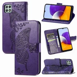 Saturcase Coque Pour Samsung Galaxy A22 5g, Papillon Fleurs Pu Cuir Magnétique Flip Portefeuille Support Porte-Carte Protecteur Housse Étui Avec Dragonne Pour Samsung Galaxy A22 5g (Hf-Violet)