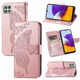 Saturcase Coque Pour Samsung Galaxy A22 5g, Papillon Fleurs Pu Cuir Magnétique Flip Portefeuille Support Porte-Carte Protecteur Housse Étui Avec Dragonne Pour Samsung Galaxy A22 5g (Hf-Or Rose)