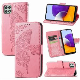 Saturcase Coque Pour Samsung Galaxy A22 5g, Papillon Fleurs Pu Cuir Magnétique Flip Portefeuille Support Porte-Carte Protecteur Housse Étui Avec Dragonne Pour Samsung Galaxy A22 5g (Hf-Pink)