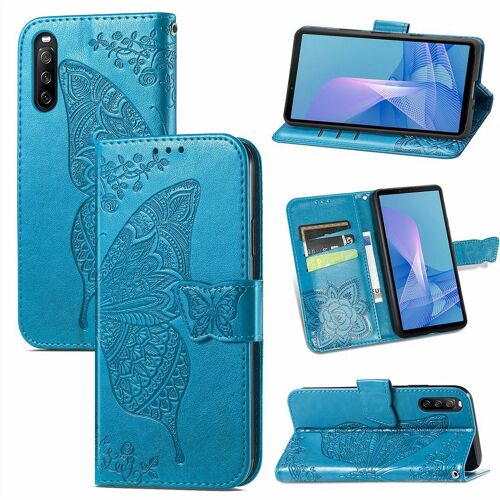 Saturcase Coque Pour Sony Xperia 10 Iii 2021, Papillon Fleurs Pu Cuir Magnétique Flip Portefeuille Support Porte-Carte Protecteur Housse Étui Avec Dragonne Pour Sony Xperia 10 Iii 2021 (Hf-Bleu)