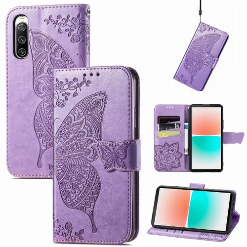 Saturcase Coque Pour Sony Xperia 10 Iv 2022, Papillon Fleurs Pu Cuir Magnétique Flip Portefeuille Support Porte-Carte Protecteur Housse Étui Avec Dragonne Pour Sony Xperia 10 Iv 2022 (Hf-Lavande)