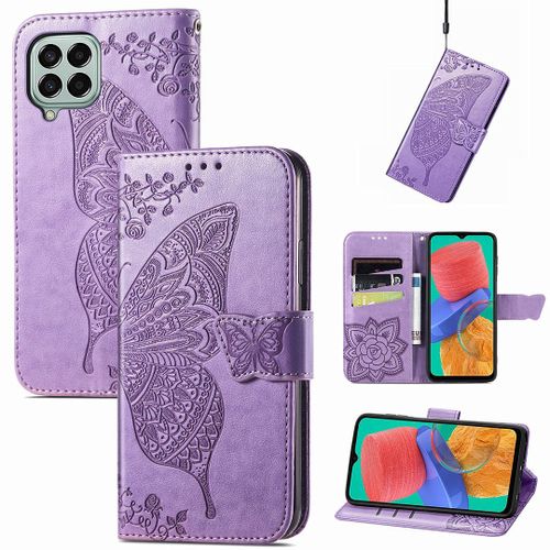 Saturcase Coque Pour Samsung Galaxy M33 5g, Papillon Fleurs Pu Cuir Magnétique Flip Portefeuille Support Porte-Carte Protecteur Housse Étui Avec Dragonne Pour Samsung Galaxy M33 5g (Hf-Lavande)