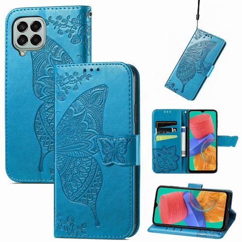 Saturcase Coque Pour Samsung Galaxy M33 5g, Papillon Fleurs Pu Cuir Magnétique Flip Portefeuille Support Porte-Carte Protecteur Housse Étui Avec Dragonne Pour Samsung Galaxy M33 5g (Hf-Bleu)