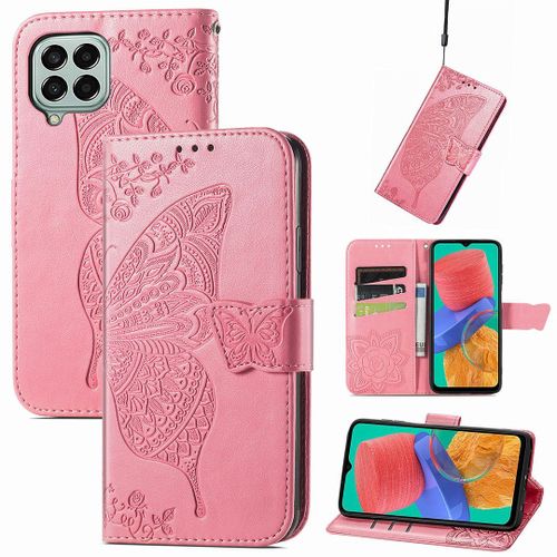 Saturcase Coque Pour Samsung Galaxy M33 5g, Papillon Fleurs Pu Cuir Magnétique Flip Portefeuille Support Porte-Carte Protecteur Housse Étui Avec Dragonne Pour Samsung Galaxy M33 5g (Hf-Pink)