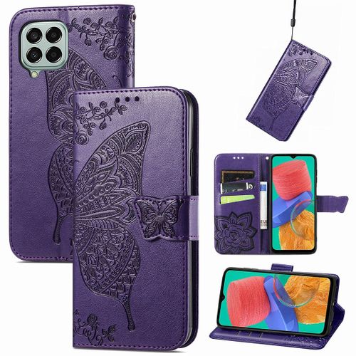 Saturcase Coque Pour Samsung Galaxy M33 5g, Papillon Fleurs Pu Cuir Magnétique Flip Portefeuille Support Porte-Carte Protecteur Housse Étui Avec Dragonne Pour Samsung Galaxy M33 5g (Hf-Violet)