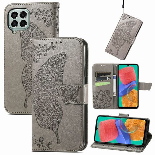 Saturcase Coque Pour Samsung Galaxy M33 5g, Papillon Fleurs Pu Cuir Magnétique Flip Portefeuille Support Porte-Carte Protecteur Housse Étui Avec Dragonne Pour Samsung Galaxy M33 5g (Hf-Gris)