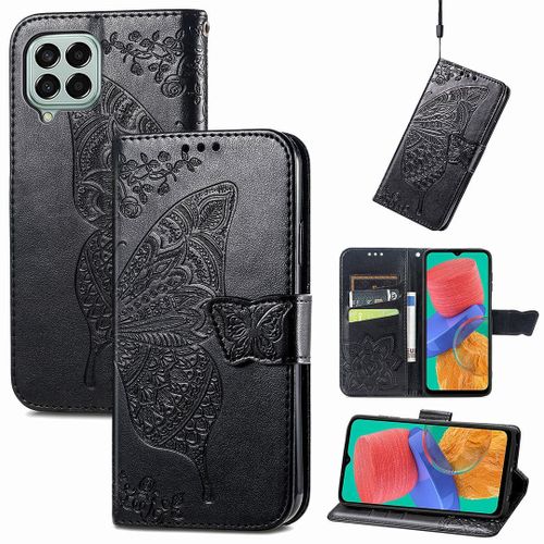 Saturcase Coque Pour Samsung Galaxy M33 5g, Papillon Fleurs Pu Cuir Magnétique Flip Portefeuille Support Porte-Carte Protecteur Housse Étui Avec Dragonne Pour Samsung Galaxy M33 5g (Hf-Noir)