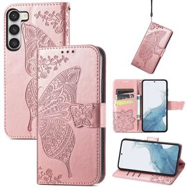 Saturcase Coque Pour Samsung Galaxy S23 Plus, Papillon Fleurs Pu Cuir Magnétique Flip Portefeuille Support Porte-Carte Protecteur Housse Étui Avec Dragonne Pour Samsung Galaxy S23 Plus (Hf-Or Rose)