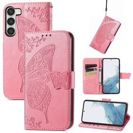 Saturcase Coque Pour Samsung Galaxy S23 Plus, Papillon Fleurs Pu Cuir Magnétique Flip Portefeuille Support Porte-Carte Protecteur Housse Étui Avec Dragonne Pour Samsung Galaxy S23 Plus (Hf-Pink)