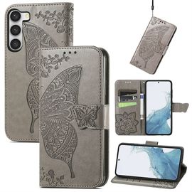 Saturcase Coque Pour Samsung Galaxy S23 Plus, Papillon Fleurs Pu Cuir Magnétique Flip Portefeuille Support Porte-Carte Protecteur Housse Étui Avec Dragonne Pour Samsung Galaxy S23 Plus (Hf-Gris)