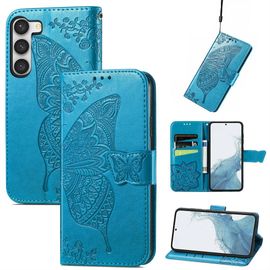 Saturcase Coque Pour Samsung Galaxy S23, Papillon Fleurs Pu Cuir Magnétique Flip Portefeuille Support Porte-Carte Protecteur Housse Étui Avec Dragonne Pour Samsung Galaxy S23 (Hf-Bleu)