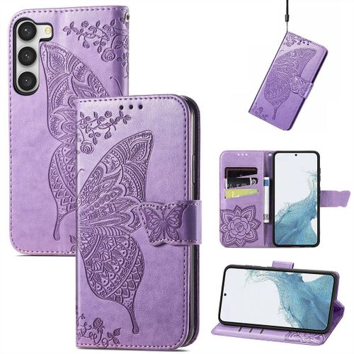 Saturcase Coque Pour Samsung Galaxy S23, Papillon Fleurs Pu Cuir Magnétique Flip Portefeuille Support Porte-Carte Protecteur Housse Étui Avec Dragonne Pour Samsung Galaxy S23 (Hf-Lavande)