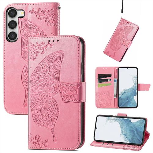 Saturcase Coque Pour Samsung Galaxy S23, Papillon Fleurs Pu Cuir Magnétique Flip Portefeuille Support Porte-Carte Protecteur Housse Étui Avec Dragonne Pour Samsung Galaxy S23 (Hf-Pink)