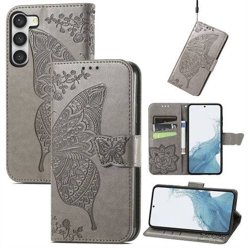 Saturcase Coque Pour Samsung Galaxy S23, Papillon Fleurs Pu Cuir Magnétique Flip Portefeuille Support Porte-Carte Protecteur Housse Étui Avec Dragonne Pour Samsung Galaxy S23 (Hf-Gris)