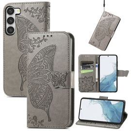Saturcase Coque Pour Samsung Galaxy S23, Papillon Fleurs Pu Cuir Magnétique Flip Portefeuille Support Porte-Carte Protecteur Housse Étui Avec Dragonne Pour Samsung Galaxy S23 (Hf-Gris)