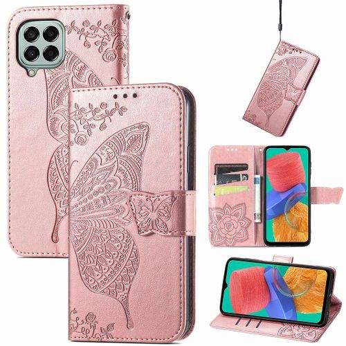 Saturcase Coque Pour Samsung Galaxy M33 5g, Papillon Fleurs Pu Cuir Magnétique Flip Portefeuille Support Porte-Carte Protecteur Housse Étui Avec Dragonne Pour Samsung Galaxy M33 5g (Hf-Or Rose)