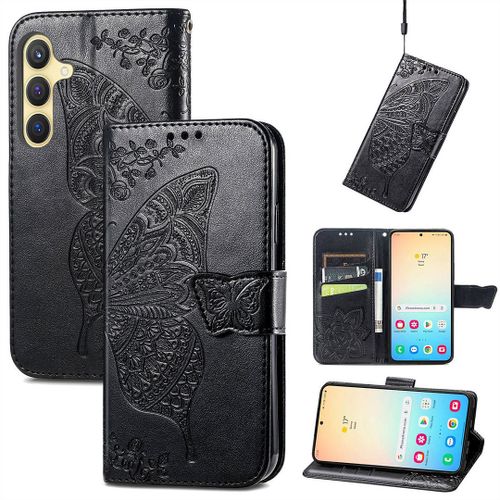 Saturcase Coque Pour Samsung Galaxy S24, Papillon Fleurs Pu Cuir Magnétique Flip Portefeuille Support Porte-Carte Protecteur Housse Étui Avec Dragonne Pour Samsung Galaxy S24 (Hf-Noir)