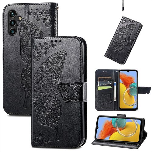 Saturcase Coque Pour Samsung Galaxy M14 5g, Papillon Fleurs Pu Cuir Magnétique Flip Portefeuille Support Porte-Carte Protecteur Housse Étui Avec Dragonne Pour Samsung Galaxy M14 5g (Hf-Noir)
