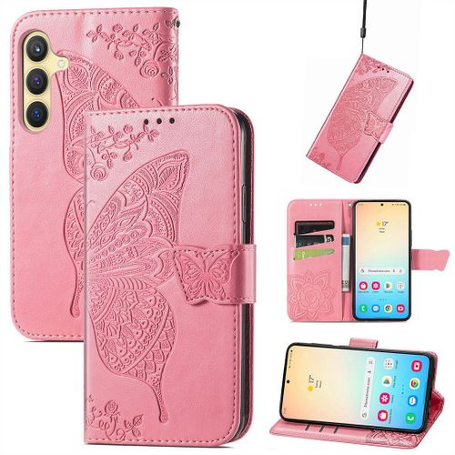 Saturcase Coque Pour Samsung Galaxy S24, Papillon Fleurs Pu Cuir Magnétique Flip Portefeuille Support Porte-Carte Protecteur Housse Étui Avec Dragonne Pour Samsung Galaxy S24 (Hf-Pink)
