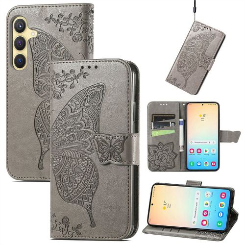Saturcase Coque Pour Samsung Galaxy S24, Papillon Fleurs Pu Cuir Magnétique Flip Portefeuille Support Porte-Carte Protecteur Housse Étui Avec Dragonne Pour Samsung Galaxy S24 (Hf-Gris)