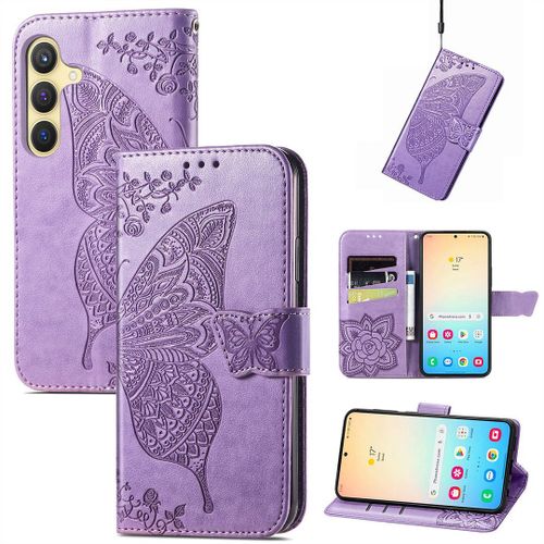 Saturcase Coque Pour Samsung Galaxy S24, Papillon Fleurs Pu Cuir Magnétique Flip Portefeuille Support Porte-Carte Protecteur Housse Étui Avec Dragonne Pour Samsung Galaxy S24 (Hf-Lavande)